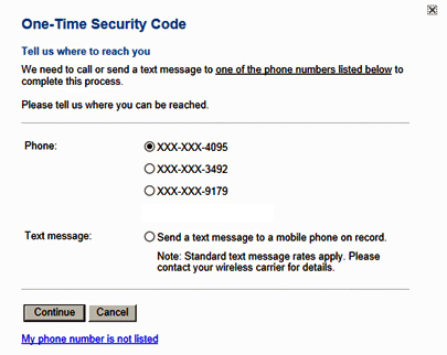 Picture of the One Time security code screen where the customer chooses between phone or text message